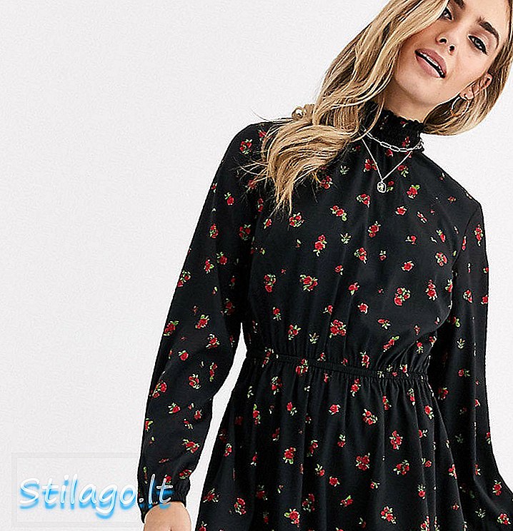 „New Look“ marškinėlių kaklo mini suknelė su tamsiai rožine gėlių spalva - juoda