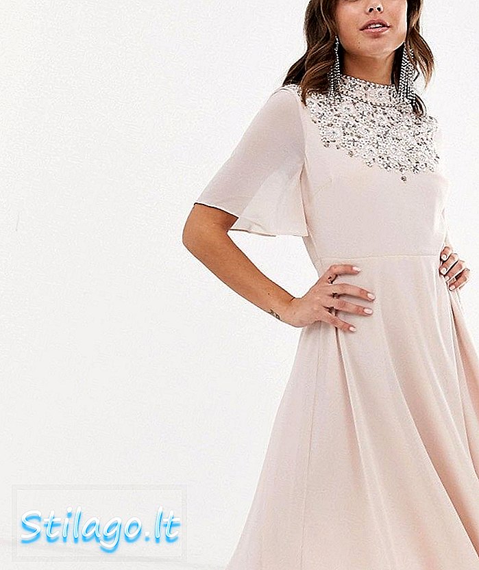 ASOS DESIGN midi-kjole med flagrende kappe og smuk perle-udsmykning-lyserød