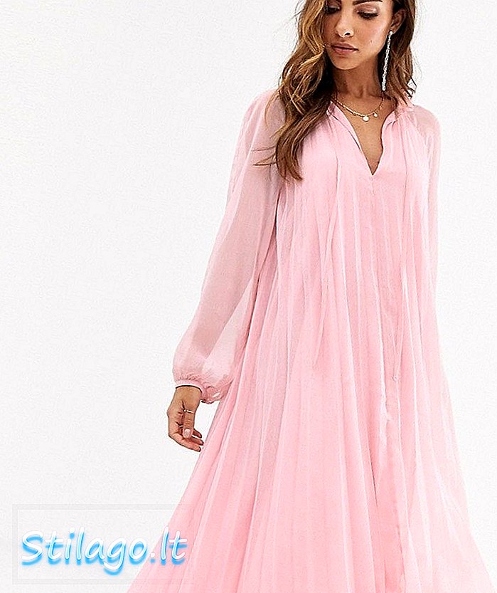 ASOS DESIGN dress lipit trapeze midi dengan dasi leher-Pink