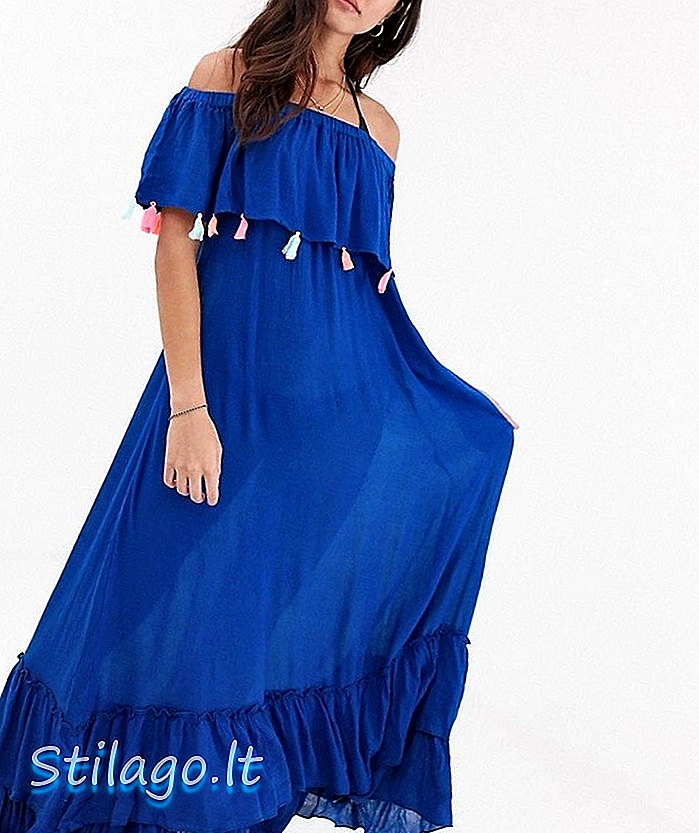 Anmol Tie Dye Off Rameno Beach šaty s Multi Color Pom Pom Trim-Blue