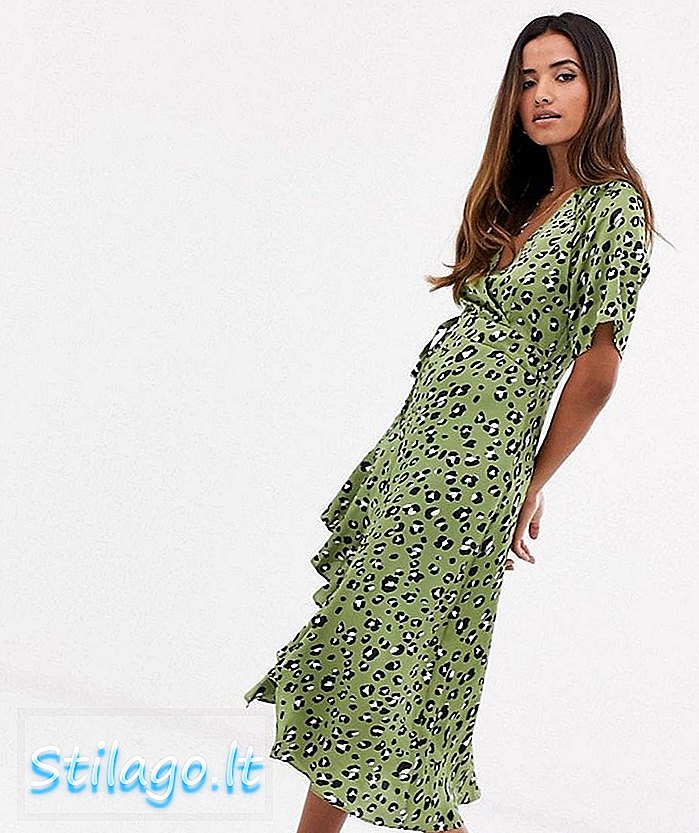 Tekuté zábal prednej dlhé šaty midi v leopardej tlači-zelenej