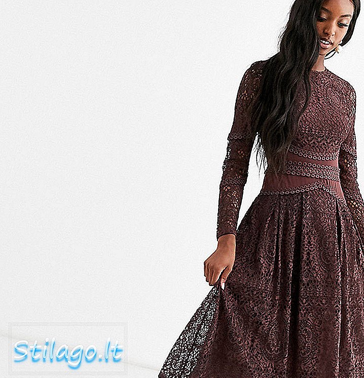 ASOS डिजाइन भूरा फीता ट्रिम-ब्लू के साथ फीता में लंबी आस्तीन पोशाक