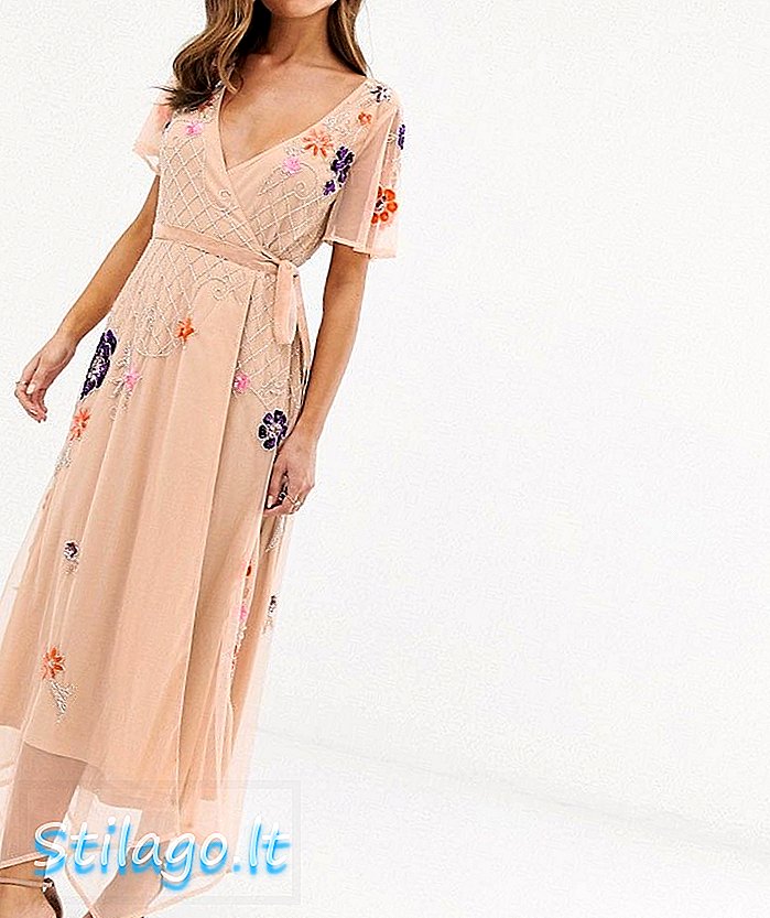 „Frock & Frill“ siuvinėjimo detalė trumpomis rankovėmis apvyniota suknelė - rožinė