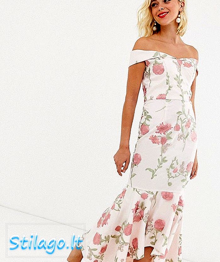 Chi Chi London bardot fishtail maxi kjole i blomsterbroderi-Multi