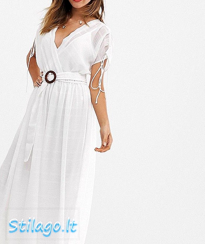 ASOS DESIGN - Lange jurk met overslag en riem met gesp in zelfgestreept wit