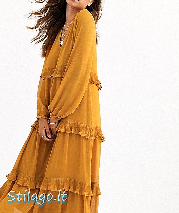 Y.A.S katmanlı fırfırlı maksi önlük elbise-Kahverengi