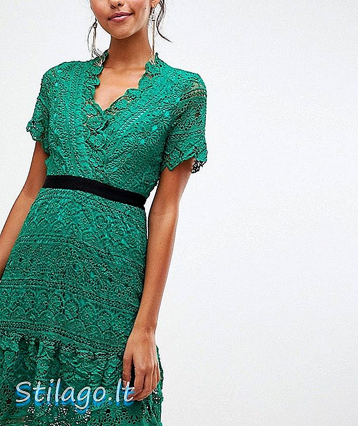 Платье из кружевного ликера с контрастным поясом - зеленый
