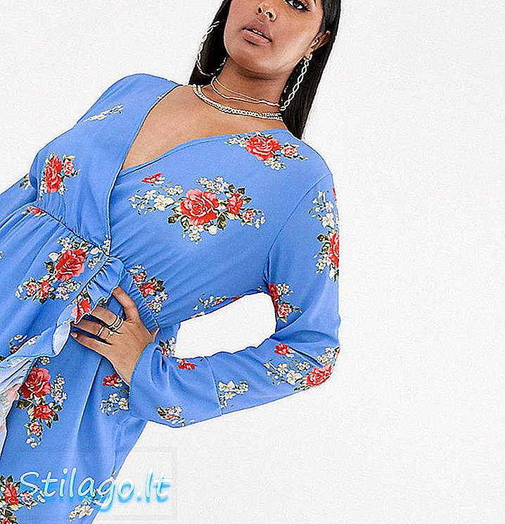 Boohoo Plus mini haljina s ruffle oblogom u plavoj cvjetnoj-Multi
