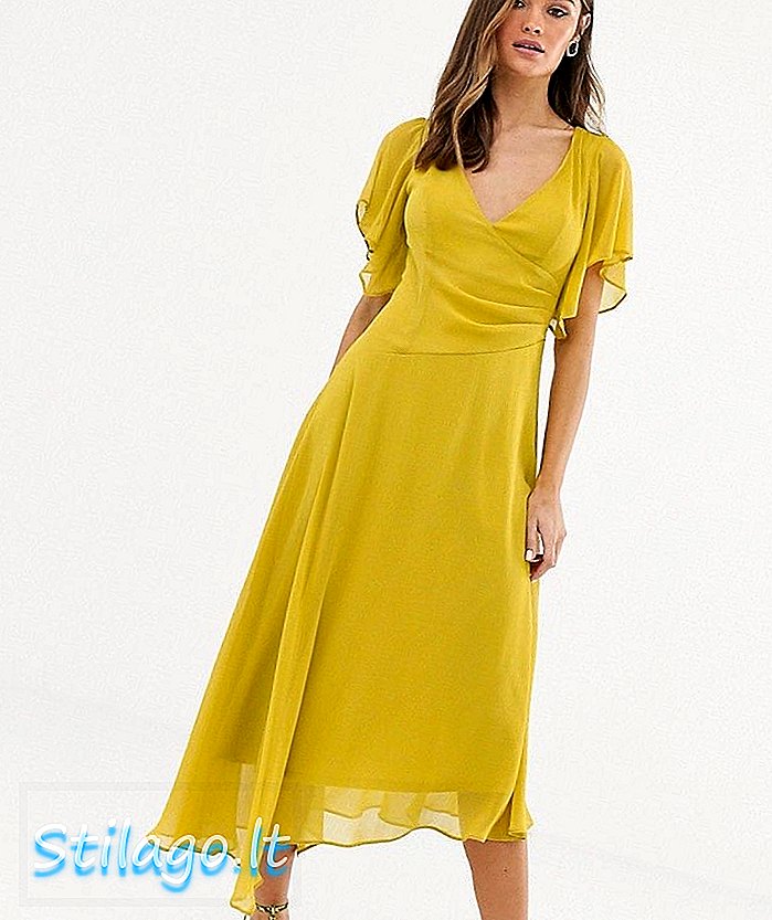 एएसओएस डिझाईनने बासरीदार आवरण तपशीलासह पिवळा सह समोरचा मिडी ड्रेस लपेटला