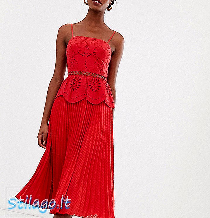 ASOS DESIGN Wysoka broderie cami midi sukienka z plisowaną spódnicą - czerwona