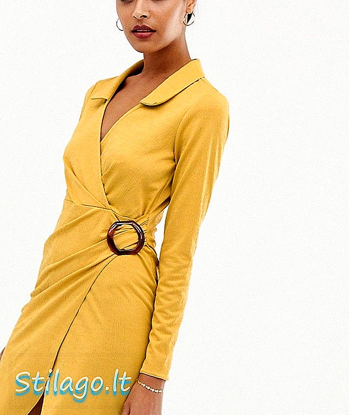 ASOS DESIGN Dantelli ve bağcıklı tokalı dokulu elbise detay-Sarı