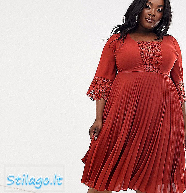 ASOS DESIGN فستان متوسط ​​الطول منقوش مع تنورة بكسرات وأكمام دانتيل من الكيمونو - أحمر