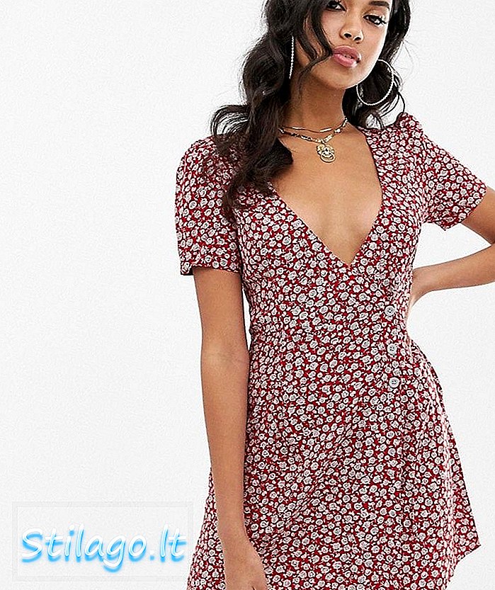 Motel wrap dress with button front in ditsy floral-Red