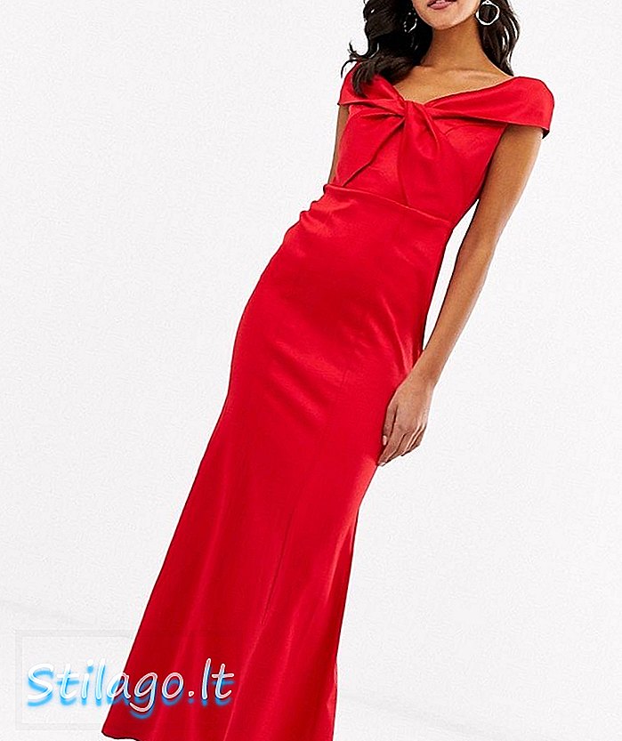 City Goddess satin bardot twist front maxi dress-Red