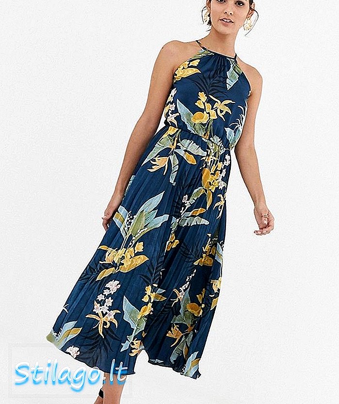 Sprit midi-klänning med veckad kjol i blommig tryck-Navy