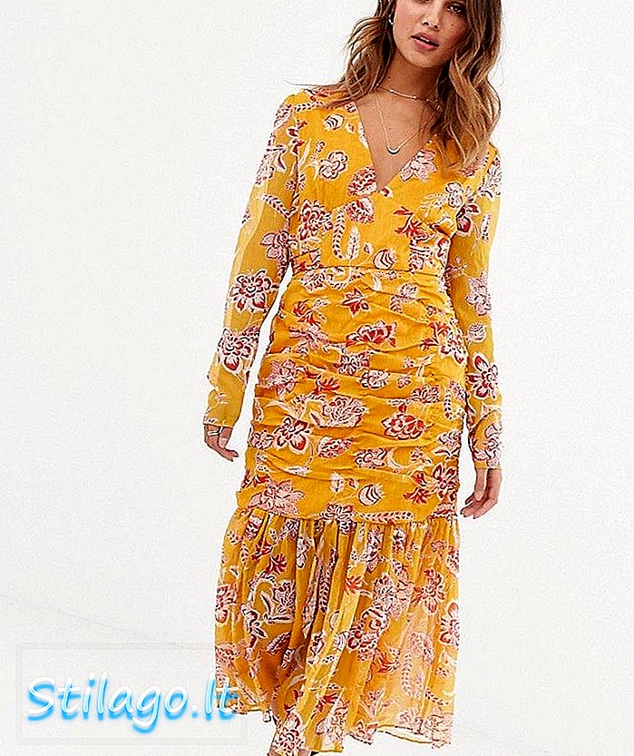Stevie May Blomstrande midi-klänning med fläckig detalj och veckad hem-orange