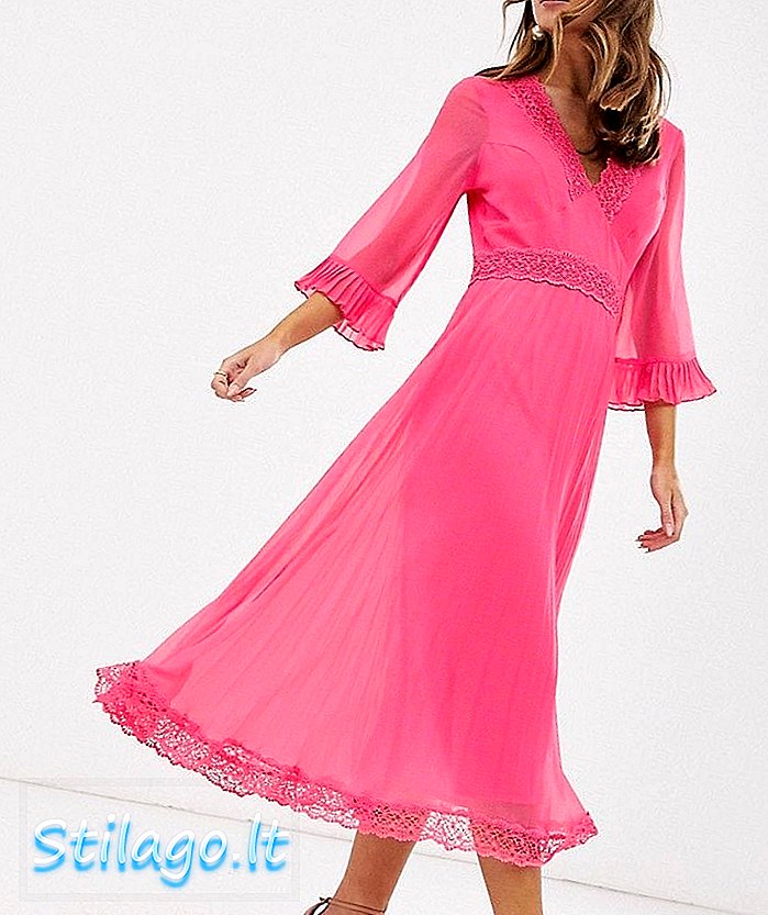 ASOS DESIGN πλισέ μεσαίο φόρεμα με ένθετα δαντέλα-Ροζ