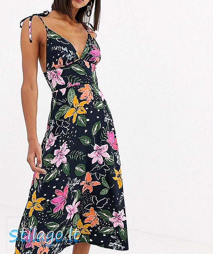 „Neon Rose“ midi „cami“ suknelė su kaklaraiščio pečiais atogrąžų gėlių atspaudais - „Navy“