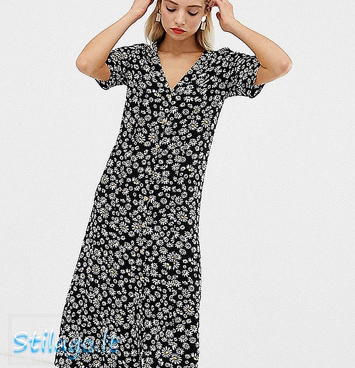 Monki daisy flower print dress midi shirt warna hitam