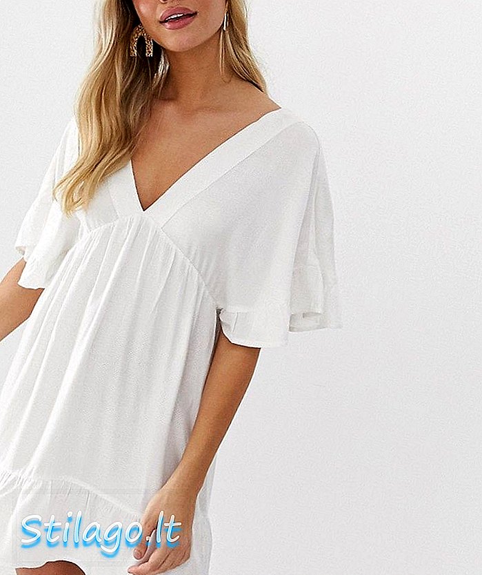 ASOS DESIGN v mini dress depan v smock dengan pep hem-White