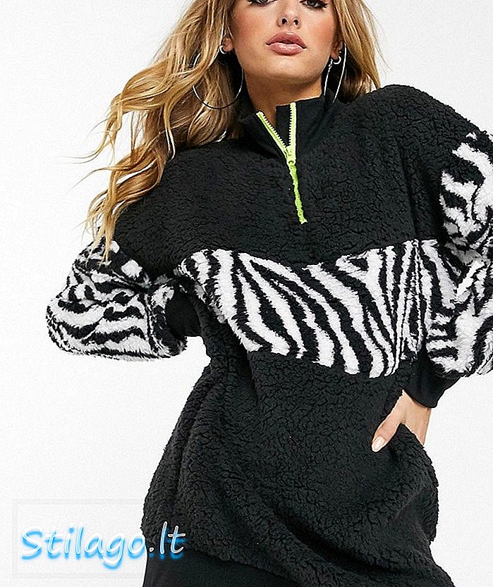 ASOS DESIGN Teddy Hoodie-Kleid mit Reißverschluss und Zebradruck-Panel-Multi