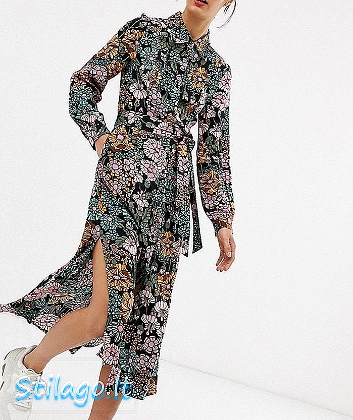 Monki blomsterprint slips midje midi shirt kjole-Multi