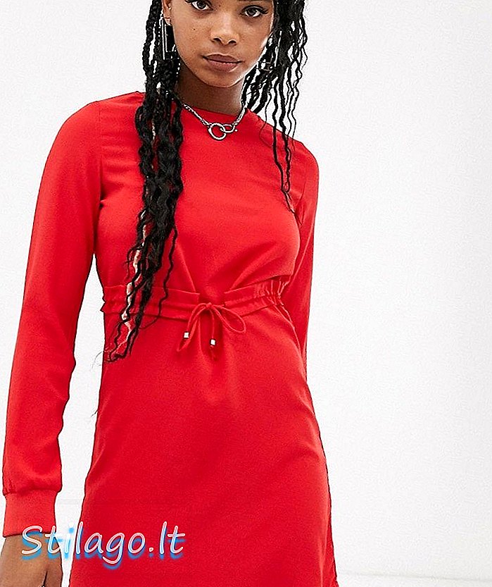 Bučna majica haljina s dugim rukavima-crvena