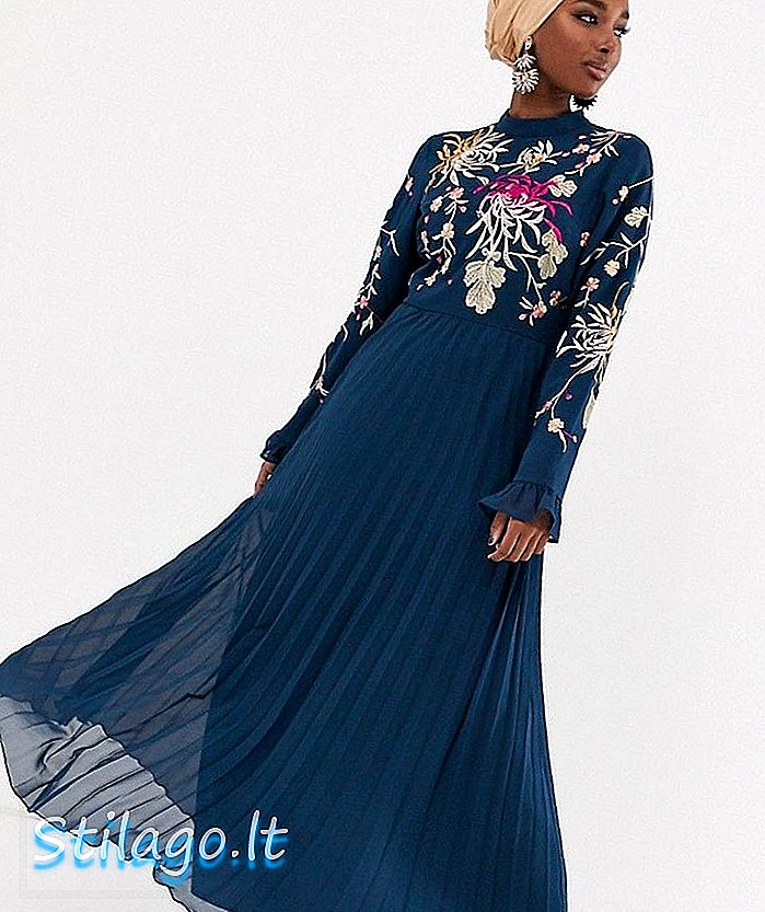 ASOS DESIGN κεντημένο πτυχωτό φόρεμα maxi με πτυχωτό μανίκι-Navy