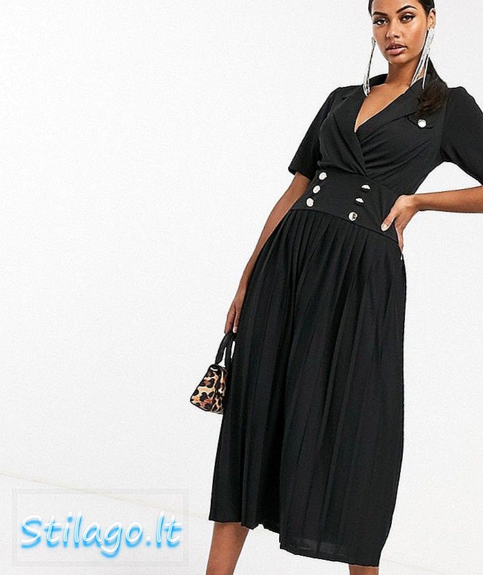 ASOS DESIGN فستان متوسط ​​الطول بأزرار مع تنورة مطوية - أسود