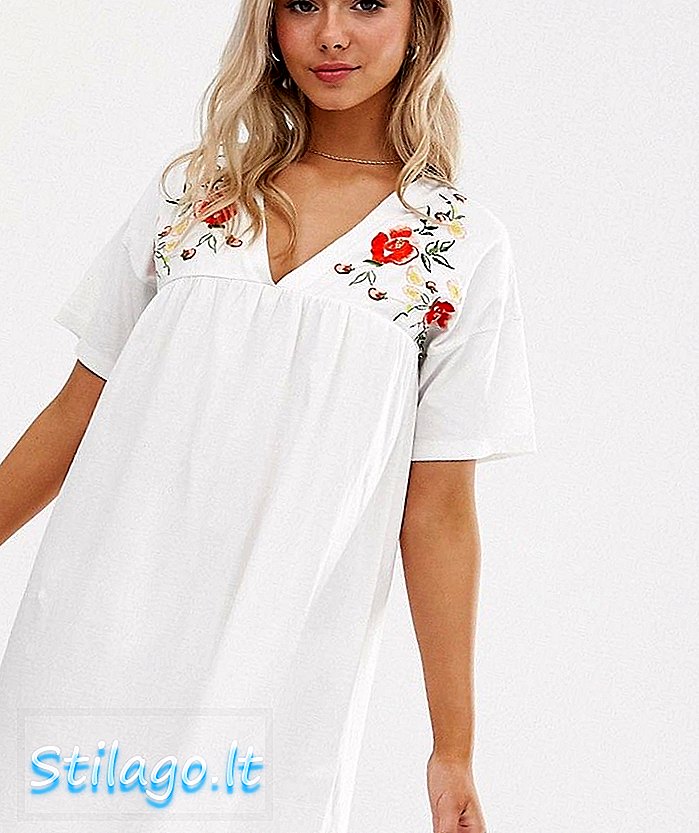 فستان ASOS DESIGN المطرز من القطن - أبيض