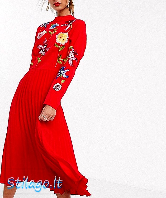 Плисирана бродирана рокля от midi на плитка ASOS DESIGN