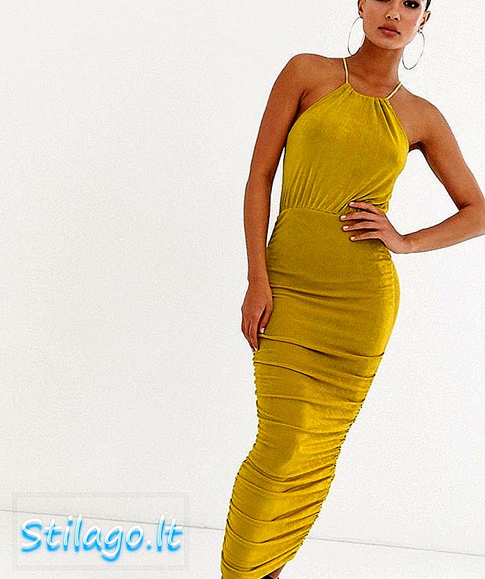 فستان متوسط ​​الطول مزين بكشكش مع هالترنك باللون الأصفر الخردل