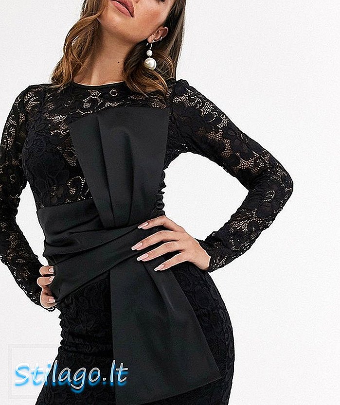 ASOS DESIGN dlouhý rukáv krajkový pas saténový luk detail mini šaty-Černá