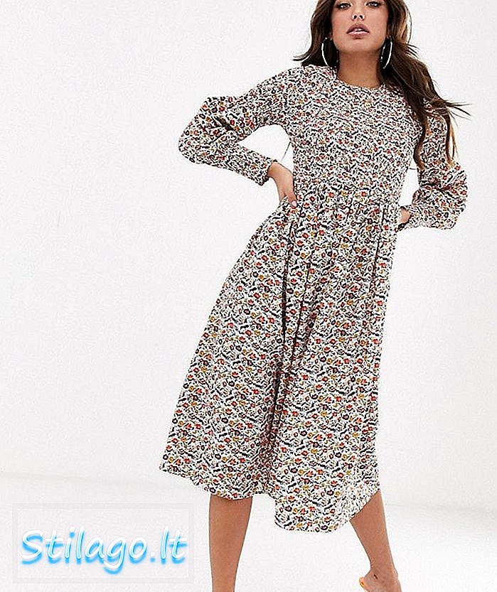 Vestido skater a media pierna fruncido Never Fully Dressed en estampado floral-Multi