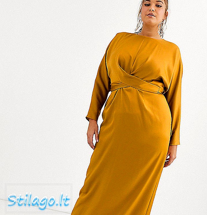 ASOS DESIGN Καμπύλη maxi φόρεμα με μανίκι μανίκια και περιτύλιξη μέσης σε σατέν-Κίτρινο