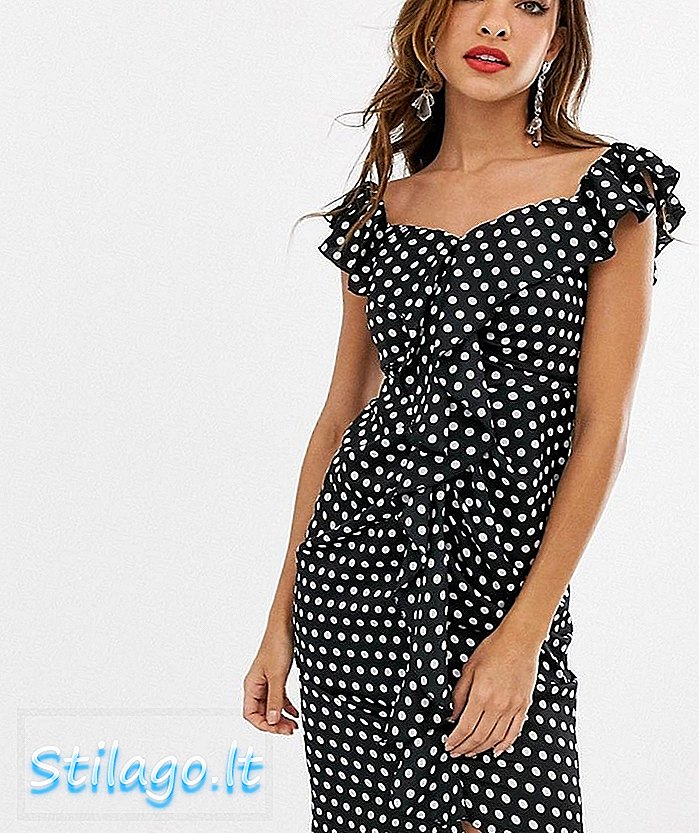 Forever U Collection membungkus gaun midi dengan garis leher Sayang dalam polka dot print-Black