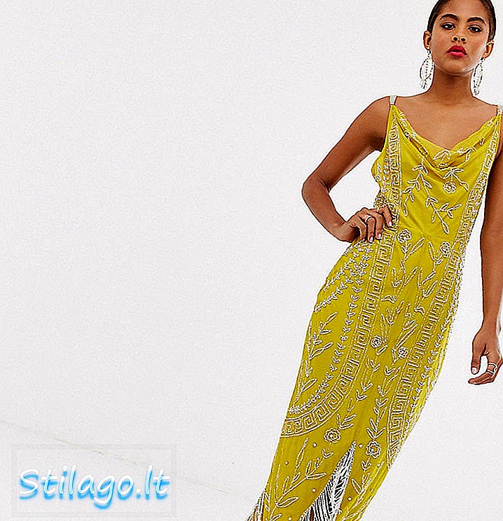 एएसओएस डिझाईन फ्रिंज हेम-ग्रीनसह अलोव्हर शोभेच्या उंच कोल नेक मिडी ड्रेस