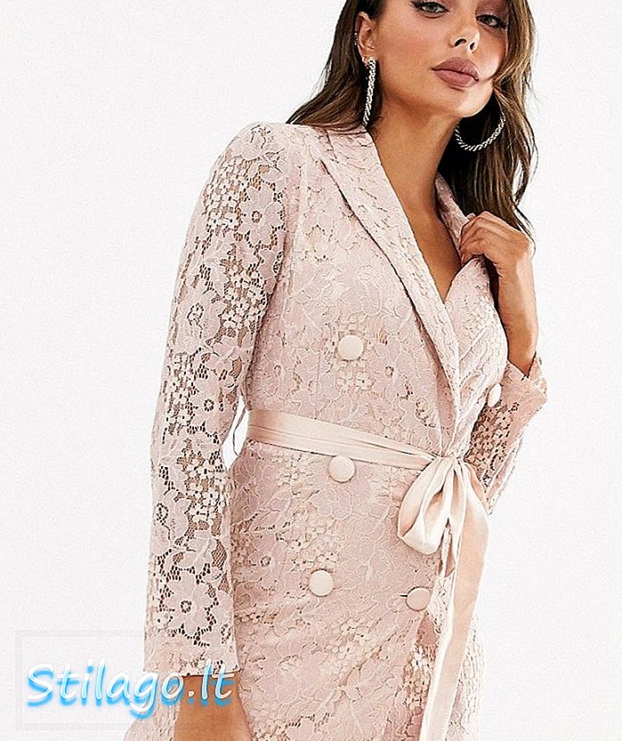 Meilės trikampio nėrinių suknelė su juostos detalėmis iš taupe-rožinės spalvos