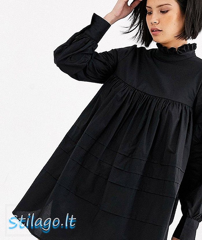 Mini vestido de algodón con cuello con volantes y negro