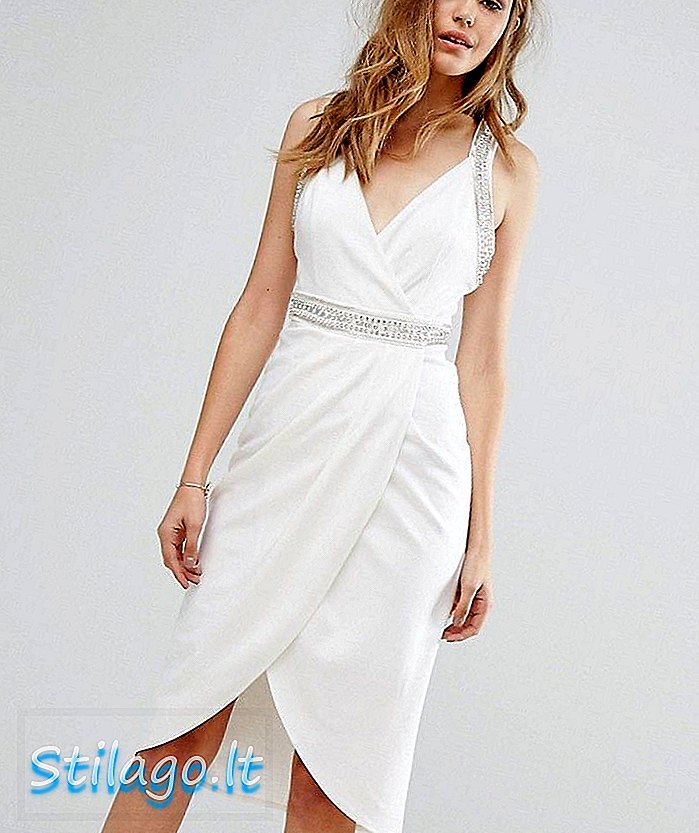 Sukienka midi z zawinięciem TFNC z ozdobną lamówką w kolorze białym
