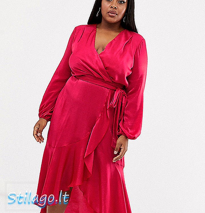 Flounce London Plus bungkus gaun satin midi depan dengan warna merah jambu-oren panas
