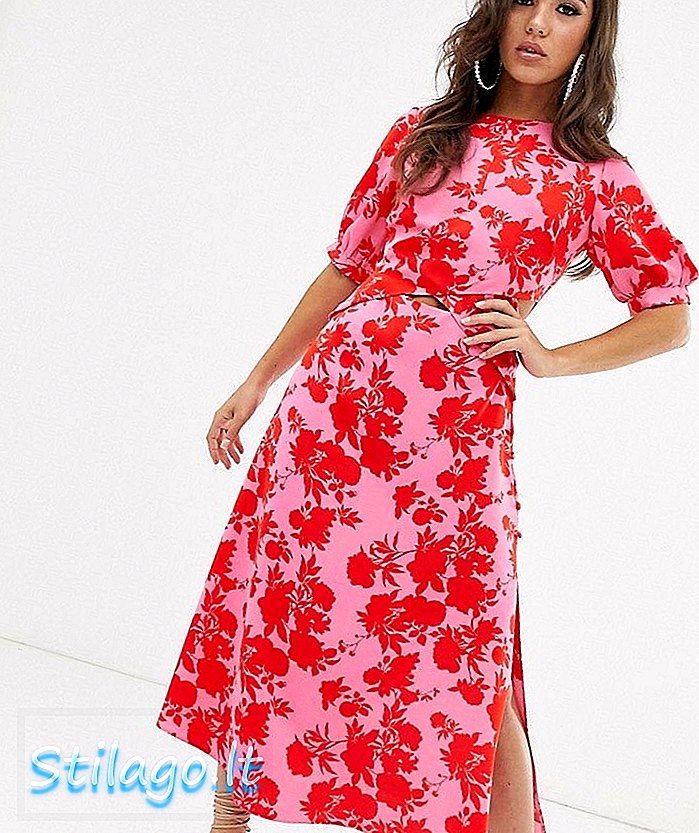 ASOS DESIGN vestido midi de manga curta com estampa floral e recorte em estampado floral - Multi