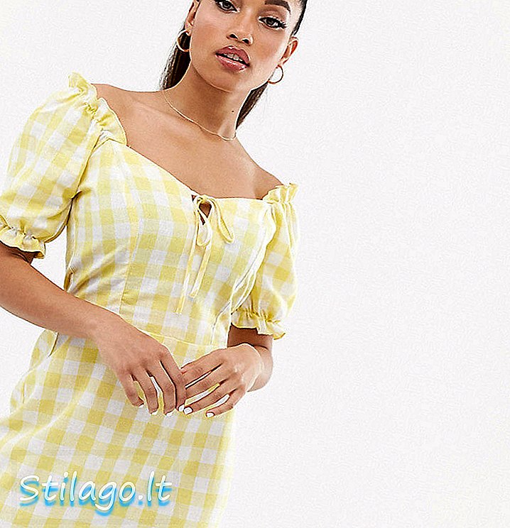 Miss Selfridge Petite lina kleita ar piedurknēm ar dzeltenu čeku-Multi