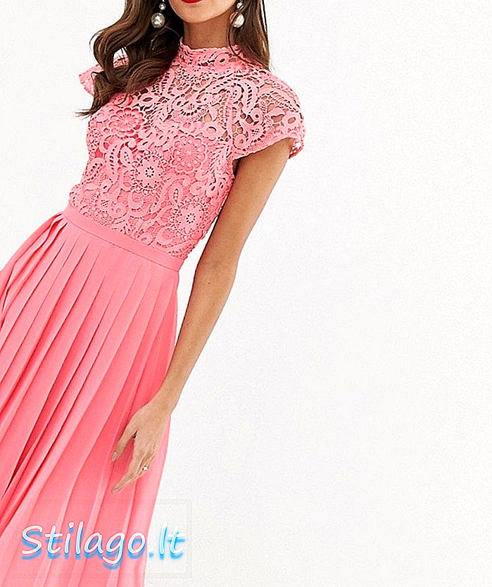 Мереживна сукня міді Chi Chi London з плісированою спідницею в коралово-рожевий