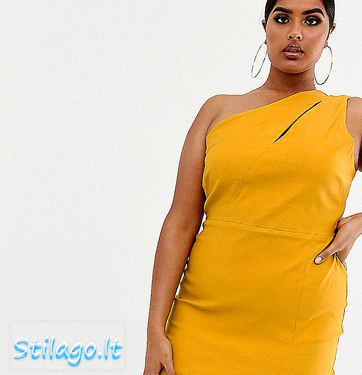Vesper Plus فستان قصير متوسط ​​الطول بكتف واحد مع انقسام باللون الأصفر الذهبي