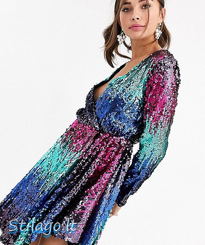 Коллективное мини-платье The Label allover ombre с блестками с длинным рукавом из фуксии и бирюзового цвета Multi