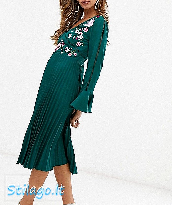 Вишита плісирована сукня міді ASOS DESIGN з мереживними вставками-зелена