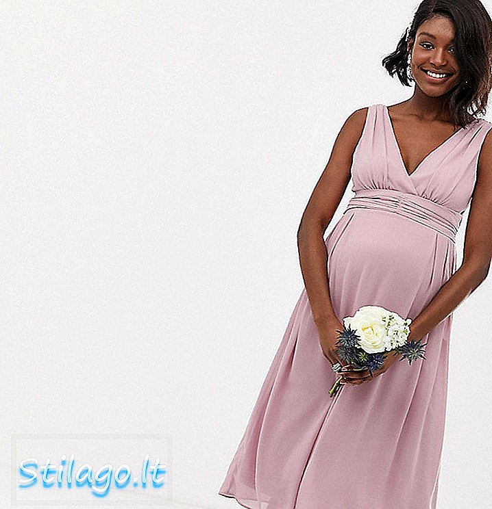 TFNC Maternity bridesmaid eksklusif gaun midi depan dengan tali leher berwarna merah jambu