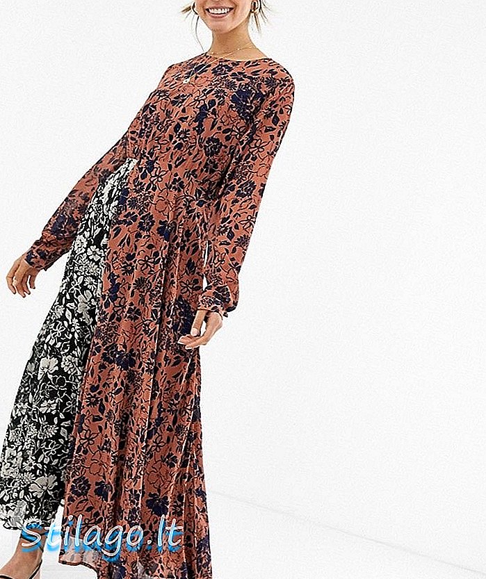 Ghospell שמלת midi שרוול ארוך בשילוב ניגודיות תואמת הדפס מולטי