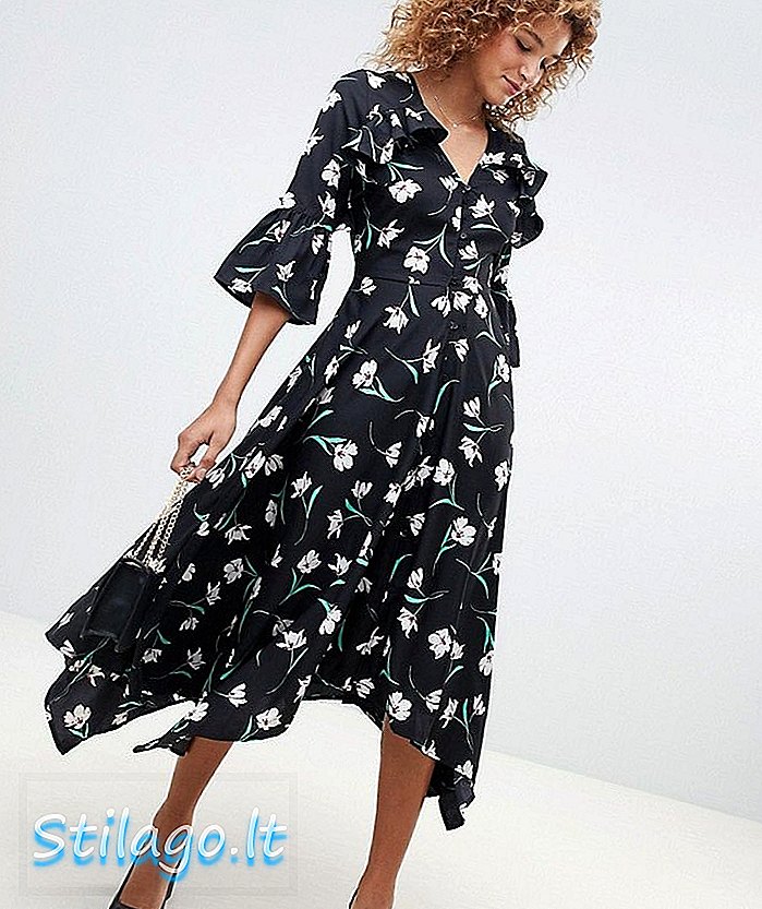 Эффектное асимметричное цветочное чайное платье миди с открытой спиной - черный